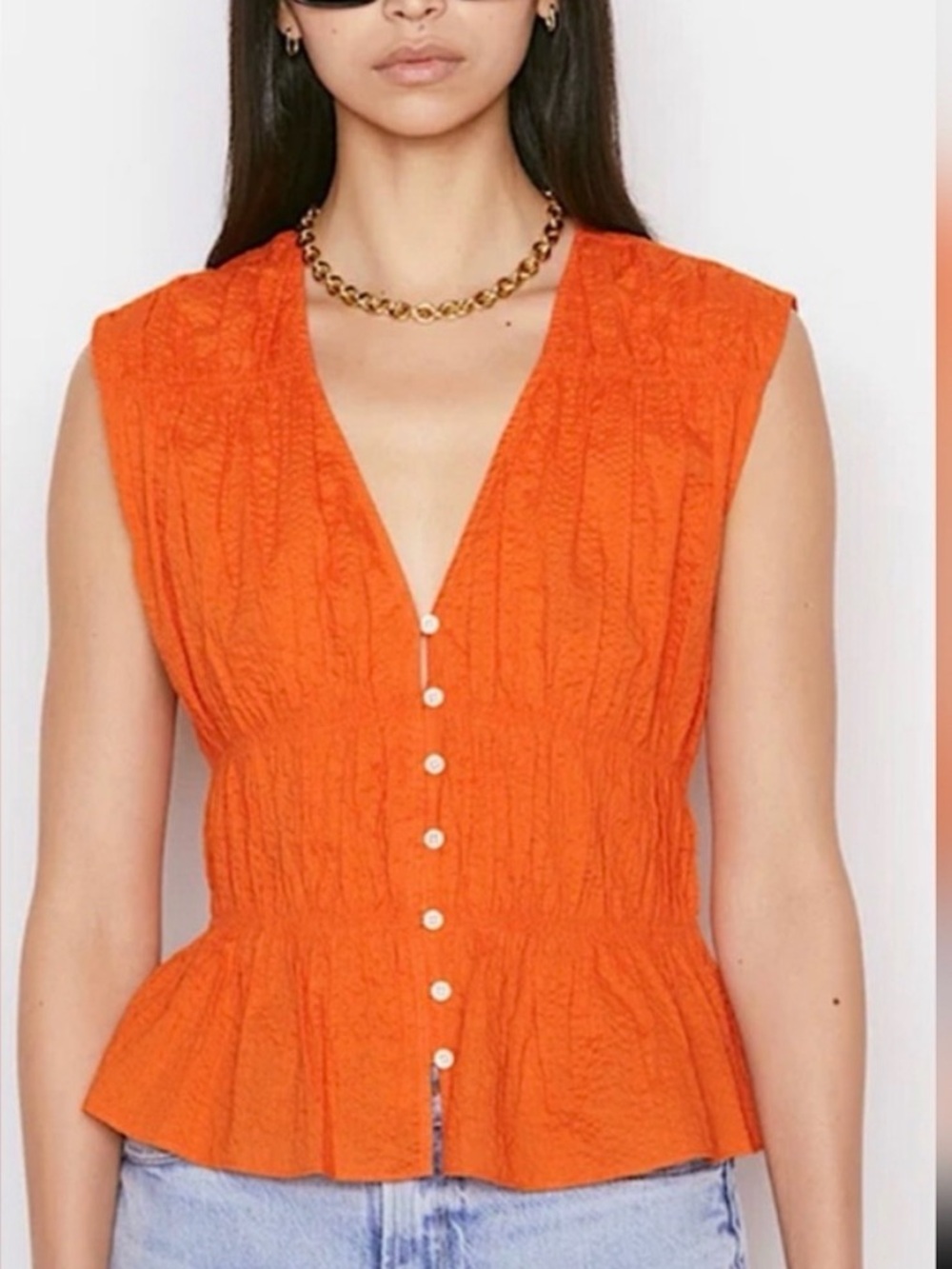 Frame Denim Bright Orange Sleeveless Button-Front Blouse